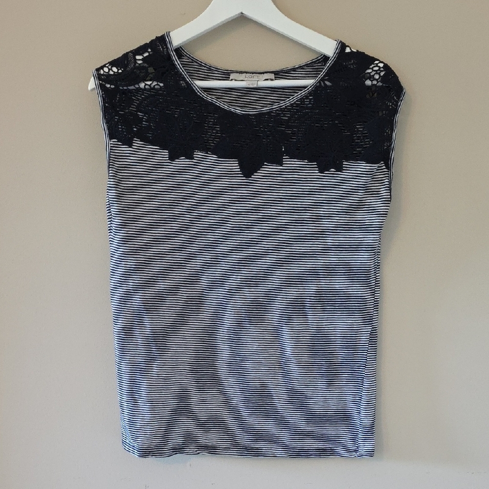 LOFT Navyand White Striped Blouse with Lace Detail
